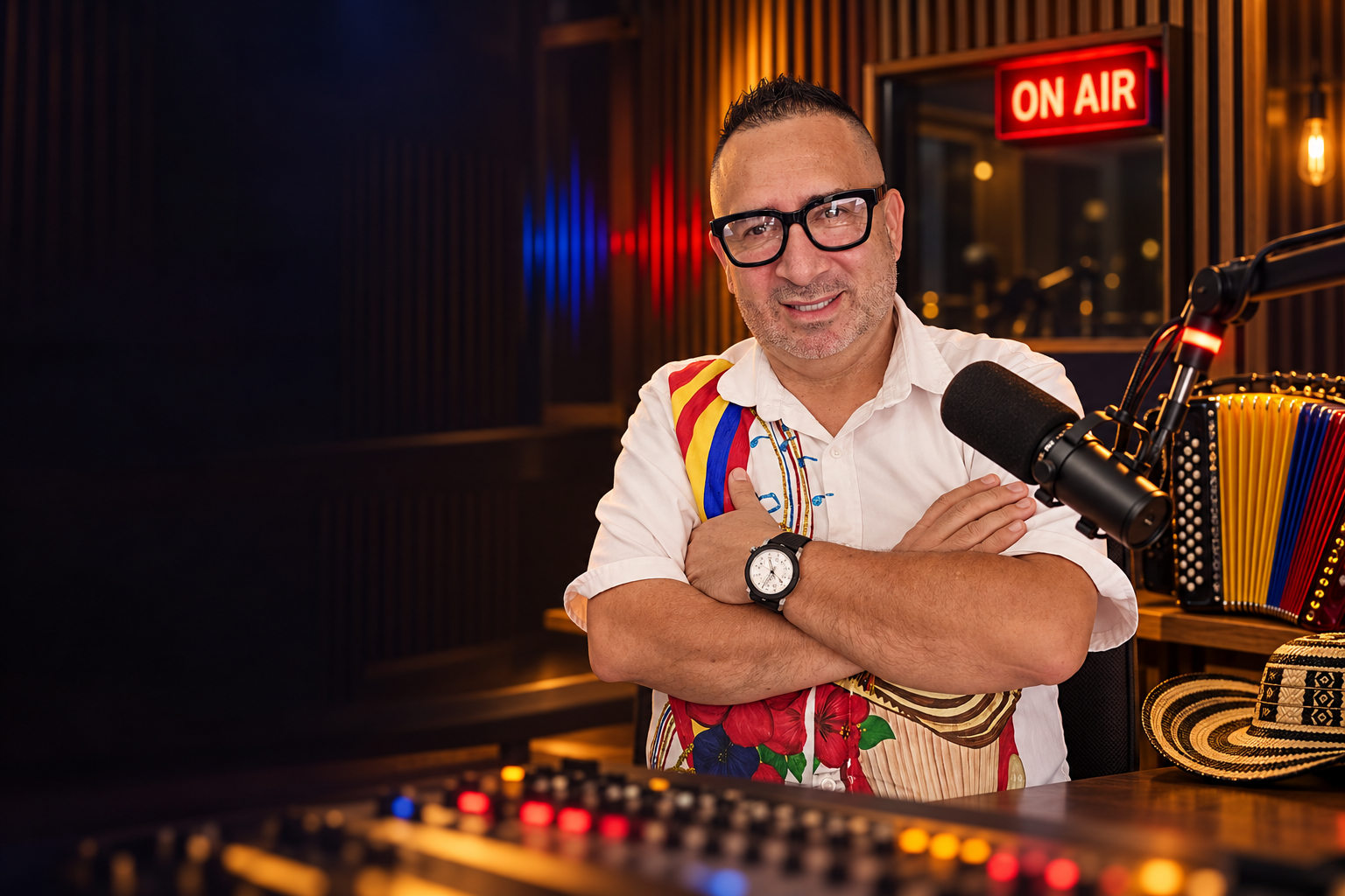 El Paisita Morales en un estudio de radio, con micrófono y acordeón colombiano